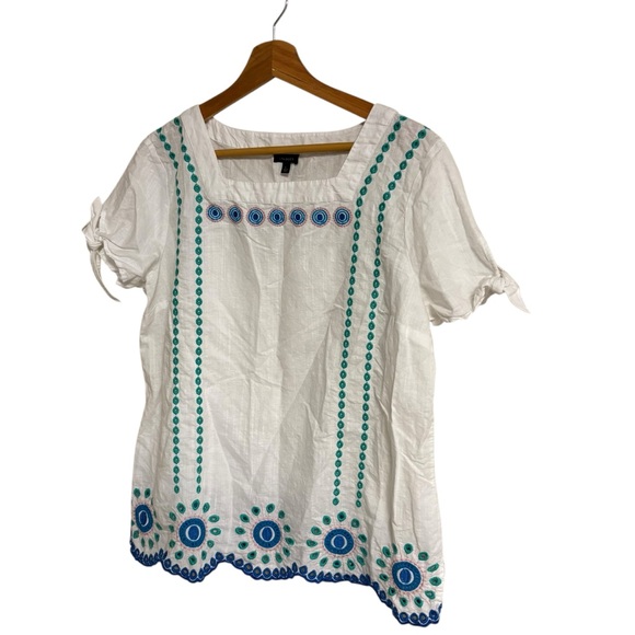 Talbots white linen blend embroidered eyelet tie sleeve square neck spring top L - Picture 6 of 12